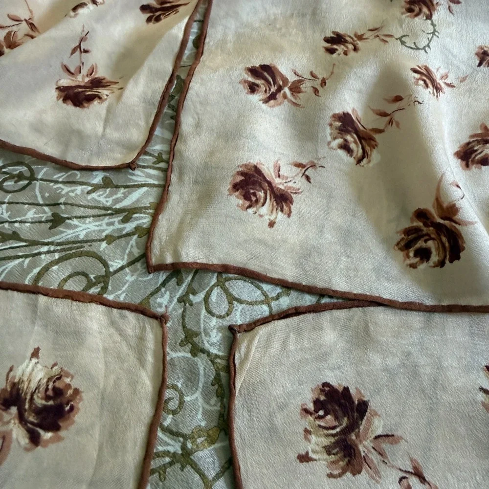 Vintage‎ Floral Square Scarf Brown Beige Rose Pattern 30x30